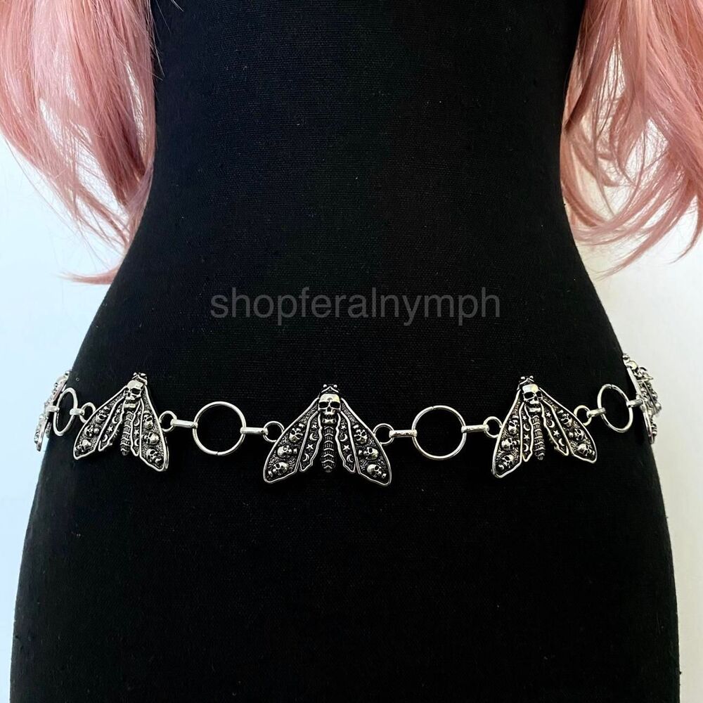 Silver Y2K Gothic Deadly Skull Moth Chain Belt, Fits 16-42 Inches, X7GA1387